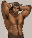  1boy abs animal_ears arm_hair armpit_hair armpits bara beard brown_hair bulge chest_hair chinese_zodiac dark_skin dark_skinned_male facial_hair goat_boy goat_ears goat_horns hairy highres horns large_pectorals looking_at_viewer male_focus mature_male monster_boy muscular muscular_male navel navel_hair nipples original rumlockerart satyr short_hair solo stomach thick_thighs thighs upper_body year_of_the_ox 