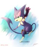  :3 absurdres animal_focus arm_up armlet artist_name aura blue_background claws collarbone commentary commission dated english_commentary eryz fangs from_side full_body gen_5_pokemon green_eyes half-closed_eyes happy highres jpeg_artifacts leg_up no_humans open_mouth pokemon pokemon_(creature) pouch purrloin signature simple_background smile solo standing standing_on_one_leg teeth thigh_strap tongue twitter_username watermark 