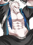  abs animal_genitalia anthro arknights arms_tied barely_visible_genitalia biceps bottomwear bound chung0_0 clothed clothing crocodile crocodilian crocodylid genital_slit genitals hi_res male muscular muscular_anthro muscular_male open_clothing open_shirt open_topwear pants pecs rangers_(arknights) red_eyes reptile scalie scarf shirt slit solo submissive submissive_male teeth topwear white_body 