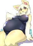  2021 4_fingers anthro belly big_belly big_breasts blush bottle breasts brown_nose canid canine clothing eeveelution female fingers fur hair inner_ear_fluff jolteon kemono looking_at_viewer mammal multicolored_body multicolored_fur neck_tuft nintendo one-piece_swimsuit open_mouth overweight overweight_anthro overweight_female pawpads pink_body pink_eyes pink_fur pok&eacute;mon pok&eacute;mon_(species) pregnant ramune sakamata_orca simple_background sitting soda_bottle solo swimwear tuft video_games white_background white_body white_fur white_hair yellow_body yellow_fur 