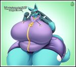  absurd_res anthro bds_charmeleon big_breasts breasts clothing dialogue female hi_res hoodie huge_breasts hyper hyper_breasts lucario nintendo overweight overweight_anthro overweight_female pok&eacute;mon pok&eacute;mon_(species) solo thick_thighs topwear video_games 