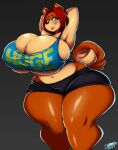  absurd_res anthro big_breasts bottomwear breasts canid canine canis cleavage clothed clothing domestic_dog female hands_behind_head hi_res huge_breasts mammal nipple_outline shorts solo superix thick_thighs wide_hips 