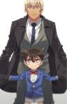  2boys amuro_tooru bangs black-framed_eyewear black_coat blazer blonde_hair blue_eyes blue_jacket blue_neckwear blurry bow bowtie brown_hair child closed_mouth coat collared_shirt commentary_request depth_of_field edogawa_conan formal glasses grey_jacket grey_pants grey_shorts grey_suit hair_between_eyes hands_in_pockets height_difference jacket k_(gear_labo) long_sleeves looking_at_viewer male_focus meitantei_conan multiple_boys necktie open_clothes open_coat outstretched_arms pants red_bow red_neckwear shirt short_hair shorts simple_background smile spread_arms standing suit white_background white_shirt 