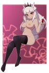  1girl breasts crown cup drinking_glass grin helltaker highres horns lamb-oic029 long_hair looking_at_viewer lucifer_(helltaker) navel nipples nude red_eyes smile thighhighs white_hair wine_glass 