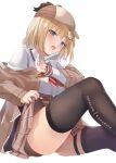  1girl bangs black_legwear blonde_hair blue_eyes blush brown_jacket commentary_request deerstalker hat holding hololive hololive_english jacket long_sleeves looking_at_viewer mujinbi open_mouth patreon_username plaid pleated_skirt shirt simple_background sitting skirt skirt_lift solo syringe thighhighs tongue tongue_out virtual_youtuber watson_amelia white_background white_shirt 