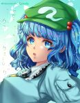  1girl :o aqua_shirt artist_name bangs blue_eyes blue_hair breasts bright_pupils commentary_request droplets eyebrows_visible_through_hair frills gradient gradient_background green_headwear hair_bobbles hair_ornament hat highres kawashiro_nitori key looking_at_viewer medium_breasts medium_hair mononobe_kanako open_mouth pocket shirt simple_background solo touhou two_side_up water white_background white_pupils 