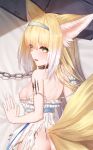  1girl alternate_costume alternate_hairstyle animal_ears arknights ass bed_sheet blonde_hair blush breasts breasts_outside burnt_clothes chain chinese_commentary collar cowboy_shot dakimakura_(medium) dress eyebrows_visible_through_hair eyelashes fox_ears fox_tail from_above green_eyes hair_between_eyes hair_down hairband heart heart-shaped_pupils long_hair looking_at_viewer looking_back lying multicolored_hair multiple_tails nipples on_stomach open_mouth oripathy_lesion_(arknights) sleeveless sleeveless_dress small_breasts solo spaghetti_strap straight_hair strap_slip suzuran_(arknights) sweat symbol-shaped_pupils tail ten_no_hoshi torn_clothes torn_dress two-tone_hair white_dress white_hair wrist_cuffs 