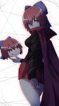  1girl :q bangs black_shirt blue_bow bow breasts cape commentary_request cowboy_shot disembodied_head hair_bow high_collar long_sleeves looking_at_viewer looking_back medium_breasts miniskirt otoufu_(wddkq314band) red_cape red_eyes red_hair red_skirt sekibanki shirt short_hair skirt smile solo tongue tongue_out touhou white_background 