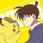 1boy black-framed_eyewear blazer blue_eyes blue_jacket bow bowtie brown_hair child closed_mouth collared_shirt crossover detective_pikachu detective_pikachu_(character) detective_pikachu_(movie) edogawa_conan english_text eye_contact eyebrows_visible_through_hair from_side gen_1_pokemon glasses grey_headwear hat hatted_pokemon highres holding_magnifying_glass jacket looking_at_another magnifying_glass male_focus meitantei_conan niina_1oo9 pikachu pokemon pokemon_(creature) profile red_bow red_neckwear shirt short_hair signature smile trait_connection upper_body white_shirt yellow_background 