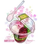  cream cup disposable_cup floral_background food food_focus food_request highres momiji_mao original simple_background sparkle spoon translation_request utensil white_background 