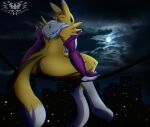  2021 anthro armwear black_sclera blue_eyes breasts butt city cityscape clothing cloud digimon digimon_(species) elbow_gloves female fur gloves handwear hi_res knightmoonlight98 moon neck_tuft night night_sky rear_view renamon side_boob sitting solo tuft yellow_body yellow_fur 