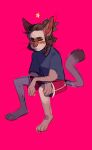  2018 ambiguous_gender anthro blush bottomwear brown_body brown_fur brown_hair bypbap clothing domestic_cat emma_(bypbap) felid feline felis female_(lore) fur hair hi_res looking_at_viewer mammal red_background shirt shorts simple_background sitting smile star t-shirt topwear 