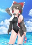  1girl :o absurdres alternate_costume bangs black_eyes black_hoodie black_swimsuit blue_sky blush bow breasts brown_hair cloud commentary_request cookie_(touhou) covered_navel cowboy_shot day eyebrows_visible_through_hair frilled_bow frills gnzy goggles hair_between_eyes hair_bow hair_tubes hakurei_reimu highres holding holding_goggles holding_towel hood hoodie looking_at_viewer maru_(cookie) medium_breasts one-piece_swimsuit one_eye_closed open_mouth outdoors partially_submerged red_bow short_hair sky solo sparkle standing swimsuit touhou towel water 