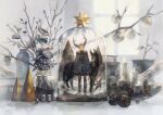  1boy blue_pants bottle candle coat donkey fur_coat horns in_bottle in_container marble original pants pinecone plant pot smile snow white_hair window yoshioka_(haco) 