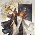  2girls bird black_dress black_robe brown_eyes brown_hair closed_eyes commentary_request crescent cupboard dress flower fox highres long_hair long_ribbon multiple_girls original ribbon star_(symbol) white_dress white_robe yoshioka_(haco) 