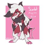  &lt;3 anthro biped border canid canine cheek_tuft chest_tuft claws digitigrade english_text facial_tuft female finger_claws floppy_ears fur gloves_(marking) grey_body grey_fur hair hi_res hybrid leg_markings long_hair lop_ears lycanroc mammal markings midnight_lycanroc nintendo pc-doodle pink_background pink_claws pok&eacute;mon pok&eacute;mon_(species) red_body red_eyes red_fur scarlet_mauve semi-anthro simple_background smile socks_(marking) solo standing text toe_claws tuft video_games white_body white_border white_fur zoroark 