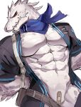  abs anthro arknights arms_tied bandage biceps bound censored chung0_0 clothed clothing crocodile crocodilian crocodylid hi_res male muscular muscular_anthro muscular_male open_clothing open_shirt open_topwear pecs rangers_(arknights) red_eyes reptile scalie shirt solo submissive submissive_male teeth topwear white_body 