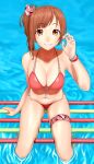  1girl absurdres arm_support bangs bikini bow bracelet breasts brown_hair claw_pose cleavage collarbone cross-laced_clothes eyebrows_visible_through_hair from_above front-tie_bikini front-tie_top gishu grin hair_bow halter_top halterneck hand_up highres idolmaster idolmaster_cinderella_girls igarashi_kyouko jewelry lipstick long_hair looking_at_viewer looking_up makeup medium_breasts medium_hair navel open_mouth orange_eyes parted_bangs pink_bow pink_lips red_bikini shiny shiny_skin side-tie_bikini side_ponytail sidelocks sitting skindentation smile soaking_feet solo spread_legs straight_hair string_bikini swimsuit thigh_strap water 