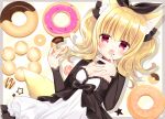  1girl :o animal_ear_fluff animal_ears bangs black_bow black_jacket black_ribbon blonde_hair blush bow breasts cleavage commentary_request doughnut dress eyebrows_visible_through_hair food food_on_face fox_ears fox_girl fox_tail hair_between_eyes hair_ribbon hands_up holding holding_food jacket long_hair long_sleeves medium_breasts open_mouth original pon_de_ring red_eyes ribbon shikito sleeves_past_wrists solo tail twintails white_dress 