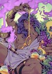  1boy abs armlet bara bare_pecs chest_hair cup dark_skin dark_skinned_male dionysus drinking_glass feet_out_of_frame food fruit grapes greek_clothes hades_(game) large_pectorals leg_hair long_hair male_focus mature_male muscular muscular_male nipples plant purple_hair smile smoke smug solo spilling stomach taki_bert thick_thighs thighs wine_glass 