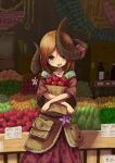  159cm 1girl :d apple asymmetrical_horns bag brown_eyes brown_hair crossed_arms curled_horns food food_stand fruit fruit_stand gran-chan_(159cm) grocery_bag holding holding_bag holding_food holding_fruit horns long_sleeves looking_at_viewer low_horns open_mouth original paper_bag pouch red_apple red_skirt shopping_bag skirt smile solo standing wide_sleeves 
