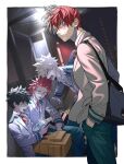  4boys angry backpack bag bakugou_katsuki blazer blonde_hair blue_eyes boku_no_hero_academia cellphone green_eyes green_hair green_pants hair_behind_ear hands_in_pockets highres holding holding_phone jacket kirishima_eijirou looking_at_viewer male_focus midoriya_izuku multicolored_hair multiple_boys natsuko_(bluecandy) necktie open_mouth pants phone red_eyes red_hair red_neckwear scar scar_across_eye school_uniform smartphone todoroki_shouto two-tone_hair v-shaped_eyebrows white_eyes white_hair 