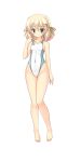  1girl barefoot blonde_hair breasts collarbone commentary_request competition_swimsuit covered_navel full_body green_eyes highleg highleg_swimsuit hizuki_aki looking_at_viewer negative_space one-piece_swimsuit original short_hair small_breasts solo swimsuit white_swimsuit 