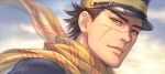  1boy brown_eyes brown_hair day golden_kamuy hat highres looking_at_viewer male_focus military_hat mprichin outdoors scar scar_on_face scar_on_mouth scar_on_nose scarf short_hair signature solo spiked_hair sugimoto_saichi upper_body yellow_scarf 