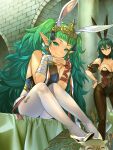  3girls alba alternate_costume animal_ears aqua_eyes bandaged_arm bandages bangs bare_shoulders black_hairband black_legwear black_leotard blue_eyes blue_leotard blunt_bangs blush breasts bunny_ears byleth_(fire_emblem) byleth_(fire_emblem)_(female) cleavage closed_mouth collarbone covered_navel detached_collar detached_sleeves fake_animal_ears feh_(fire_emblem_heroes) fire_emblem fire_emblem:_three_houses fire_emblem_heroes full_body gradient_hair green_hair hairband high_heels highres indoors large_breasts leotard long_hair looking_at_viewer multicolored_hair multiple_girls own_hands_together pantyhose pillar playboy_bunny pointy_ears puffy_short_sleeves puffy_sleeves rhea_(fire_emblem) short_sleeves sitting small_breasts smile sothis_(fire_emblem) standing strapless strapless_leotard two_side_up very_long_hair white_hairband white_legwear yellow_footwear 