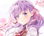  1girl 23xxx bangs blush breasts brown_vest cherry_blossoms collared_shirt fate/stay_night fate_(series) flower hair_ribbon highres homurahara_academy_uniform large_breasts long_hair long_sleeves looking_at_viewer matou_sakura neck_ribbon parted_lips purple_eyes purple_hair red_ribbon ribbon shirt vest white_shirt 