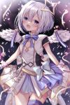  1girl amane_kanata angel_wings bangs blush breast_cutout commentary eyebrows_visible_through_hair gloves halo highres hololive idol_clothes looking_at_viewer open_mouth purple_eyes silver_hair solo sorashima_(117) virtual_youtuber white_gloves wings 
