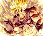  1boy angry aura bare_arms bare_shoulders biceps blonde_hair clenched_hands collarbone derivative_work dougi dragon_ball dragon_ball_z fighting_stance foreshortening frown glowing glowing_hair looking_to_the_side male_cleavage male_focus mature_male muscular muscular_male open_mouth pectorals sekitsuki_hayato shirt short_hair sleeveless solo son_goku spiked_hair super_saiyan super_saiyan_1 torn_clothes torn_shirt upper_body veins 
