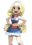  1girl :d absurdres alternate_costume bangs bare_arms blonde_hair braid case-k cheerleader collarbone commentary_request eyelashes green_eyes hands_on_hips highres knees lillie_(pokemon) long_hair navel open_mouth pokemon pokemon_(game) pokemon_sm pom_poms ponytail sideways_glance skirt sleeveless smile solo sweat teeth tongue white_background 