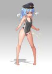  1girl angry aqua_hair bar_censor bare_arms bare_legs bare_shoulders barefoot black_swimsuit blue_hair censored character_request copyright_request covered_navel flat_chest full_body futanari hat one-piece_swimsuit peeing penis ponytail small_penis solo standing stmaster swimsuit testicles 