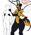  &lt;3 antennae_(anatomy) anthro arthropod arthropod_abdomen artlegionary bodily_fluids carrying compound_eyes duo english_text eyelashes faceless_human faceless_male featureless_crotch female flat_chested hands_on_hips human hymenopteran insect insect_wings larger_anthro larger_female male mammal multi_arm multi_limb nude simple_background size_difference small_waist smaller_human smaller_male stinger sweat text touching_face wasp white_background wide_hips wings 