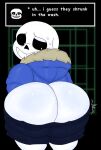  2021 animated_skeleton anterior_nasal_aperture big_butt black_background blue_bottomwear blue_clothing blue_hoodie blue_shorts blue_topwear bodily_fluids bone bottomwear butt butt_focus clothing dialogue english_text filthyopossum grin hi_res hoodie humanoid looking_back male not_furry sans_(undertale) shorts simple_background skeleton smile solo sweat teeth text topwear undead undertale video_games white_body white_butt 