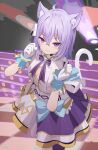  1girl ahoge alternate_costume animal_ears blue_bow bow cat_ears cat_tail commentary dress eyebrows_visible_through_hair fang feet_out_of_frame gloves hair_between_eyes hair_ornament highres hololive idol looking_at_viewer nekomata_okayu onigiri_hair_ornament purple_eyes purple_hair ruka_tou short_hair skin_fang smile solo tail virtual_youtuber white_dress white_gloves wrist_cuffs 