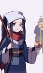 1boy 1girl asirpa black_coat black_headwear blue_eyes blue_hair blue_kimono blush bow_(weapon) closed_mouth coat commentary cosplay crossover earrings eyelashes female_protagonist_(pokemon_legends:_arceus) female_protagonist_(pokemon_legends:_arceus)_(cosplay) gen_5_pokemon golden_kamuy green_robe hamachamu hat head_scarf highres holding holding_bow_(weapon) holding_poke_ball holding_weapon hoop_earrings japanese_clothes jewelry kimono long_hair looking_at_viewer military_hat obi on_head open_clothes open_coat oshawott peaked_cap pointing poke_ball poke_ball_(basic) pokemon pokemon_(creature) pokemon_(game) pokemon_legends:_arceus pokemon_on_head ponytail sash scar scar_on_face scarf sidelocks simple_background solo_focus straight_hair sugimoto_saichi sweat sweatdrop sweating_profusely upper_body weapon white_background wide_sleeves yellow_scarf 