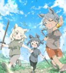  3girls absurdres alternate_costume alternate_hairstyle animal animal_ears bird black_hair black_rhinoceros_(kemono_friends) blonde_hair blue_sky bracelet braid braided_ponytail child day drill_hair extra_ears fisheye grey_eyes grey_hair hair_between_eyes hakoneko_(marisa19899200) highres holding holding_hands indian_rhinoceros_(kemono_friends) jewelry kemono_friends long_hair looking_at_another medium_hair multiple_girls one_eye_closed open_mouth outdoors outstretched_arm pants rhinoceros_ears running scratches shirt shoes short_sleeves shorts sidelocks silver_eyes sky smile sword tail tan tearing_up toy_sword twin_drills two_side_up v-shaped_eyebrows weapon white_rhinoceros_(kemono_friends) wind wooden_sword younger 