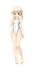  1girl barefoot blonde_hair breasts collarbone commentary_request competition_swimsuit covered_navel full_body green_eyes highleg highleg_swimsuit hizuki_aki looking_at_viewer low_twintails negative_space one-piece_swimsuit original short_hair small_breasts solo swimsuit twintails white_swimsuit 