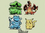  af_(afloatisland) blastoise charizard claws commentary_request fangs fire flame gen_1_pokemon highres no_humans open_mouth pikachu pokemon pokemon_(creature) standing tongue venusaur 