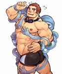  1boy abs absurdres alternate_costume ass bara bare_pecs black_male_swimwear black_shorts blush brown_hair facial_hair flying_sweatdrops from_behind glensaru goggles goggles_around_neck gunzo_(tokyo_houkago_summoners) highres large_pectorals looking_at_viewer male_focus male_swimwear mature_male muscular muscular_male nipples red_shirt shirt short_hair shorts sideburns sleeveless sleeveless_shirt solo spirit stubble sweatdrop swim_briefs swimwear thick_eyebrows thick_thighs thighs tight tokyo_houkago_summoners 