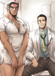  2boys bara beard black_pants chest_hair collarbone crossdressing dark_skin dark_skinned_male doctor facial_hair golden_kamuy hat highres indoors kikuta_mokutaro labcoat large_pectorals male_cleavage male_focus mature_male multiple_boys muscular muscular_male necktie nurse nurse_cap pants rikimatsu_ariko scar_on_forehead short_hair sideburns stubble thick_thighs thighs zazuzamushi 