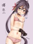  1girl akebono_(kancolle) akino_shuu bare_shoulders bell black_gloves blush bow bow_panties bra commentary_request fang flat_chest flower gloves grey_eyes hair_bell hair_flower hair_ornament jingle_bell kantai_collection long_hair navel nipples nose_blush open_mouth panties pink_bra pink_panties purple_background purple_hair side_ponytail simple_background solo sweat translation_request twitter_username underwear underwear_only very_long_hair 