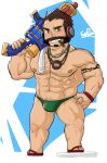  1boy abs arm_tattoo bara bare_pecs brown_hair bulge chest_hair chibi cigar facial_hair glensaru goatee green_male_swimwear hair_slicked_back hand_on_hip highres jewelry large_pectorals league_of_legends malcolm_graves male_focus male_swimwear mature_male muscular muscular_male mutton_chops navel navel_hair necklace nipples official_alternate_costume sandals short_hair solo stomach swim_briefs swimwear tattoo thick_thighs thighs towel water_gun 