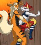  against_wall anal anal_penetration anthro arcanine bite biting_lip biting_own_lip blue_body blue_fur blush cinderace cole_kennecott cum_on_wall duo eyes_closed fan_character fence fire from_behind_position fur hi_res male male/male nintendo orange_body orange_fur penetration pok&eacute;mon pok&eacute;mon_(species) raised_leg red_body red_eyes red_fur red_nose self_bite sex text thibbycat tindy_(mattocat) video_games white_body white_fur 