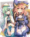  2girls :d animal_ear_fluff animal_ears animal_hood baku-p bangs black_choker blue_kimono blush brown_eyes brown_hair choker closed_mouth commentary_request dragon_horns eyebrows_visible_through_hair fake_animal_ears fang fate/extra fate/grand_order fate_(series) feet_out_of_frame fox_ears fox_girl fox_tail green_eyes green_hair grey_background hair_between_eyes heart heart-shaped_pupils highres hood hood_up horns japanese_clothes kimono kiyohime_(fate) long_hair long_sleeves mouth_hold multiple_girls obi open_mouth pinching_sleeves sash sleeves_past_wrists smile symbol-shaped_pupils tail tamamo_(fate)_(all) tamamo_no_mae_(fate) thighhighs two-tone_background very_long_hair white_background white_legwear wide_sleeves younger 