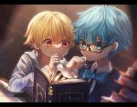  2boys absurdres black-framed_eyewear blonde_hair blue_bow blue_eyes blue_hair blue_vest book book_stack bow bowtie child_gilgamesh_(fate) fate/extra fate/grand_order fate/hollow_ataraxia fate_(series) glasses hans_christian_andersen_(fate) highres hood hoodie indoors letterboxed male_focus multiple_boys nagute reading red_eyes vest white_hoodie 