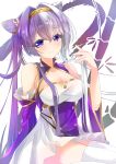  1girl absurdres azur_lane bare_shoulders blue_eyes breasts cleavage collarbone detached_sleeves double_bun dress highres kaorun_(momiji_hourensou) large_breasts looking_at_viewer multicolored_hair purple_dress purple_hair purple_sleeves short_dress silver_hair sleeveless sleeveless_dress smile solo thighhighs twintails two-tone_hair white_dress white_legwear wide_sleeves ying_swei_(azur_lane) 