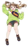  1girl :d arm_up bangs black_footwear blue_eyes blush brown_hair eyebrows_visible_through_hair fanny_pack full_body green_hoodie grey_shorts hand_up hood hood_down hoodie long_hair long_sleeves mattaku_mousuke open_mouth original pinching_sleeves shoes short_shorts shorts simple_background sleeves_past_wrists smile solo twintails twitter_username upper_teeth white_background 